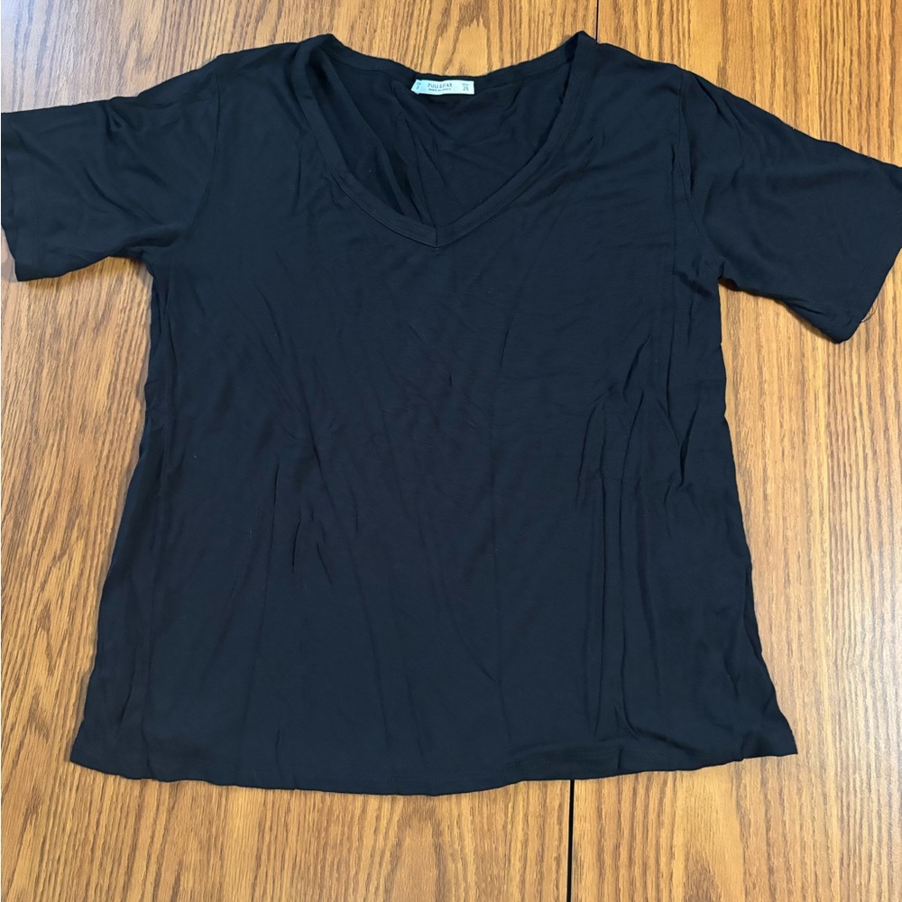 Pull&Bear Black Short Sleeve V-Neck Top